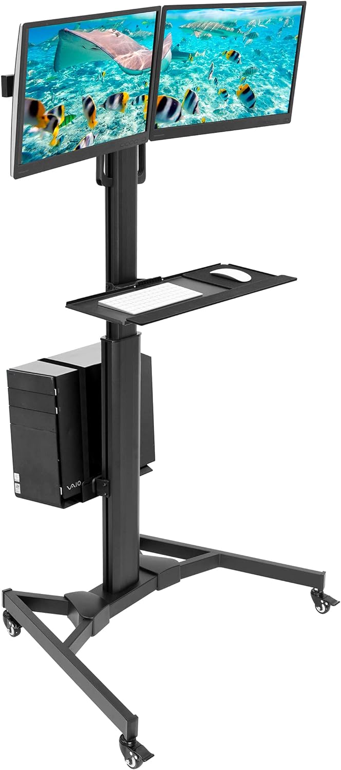 Adjustable Mobile Dual Monitor PC Workstation Cart with Keyboard Tray and CPU Holder Z754217