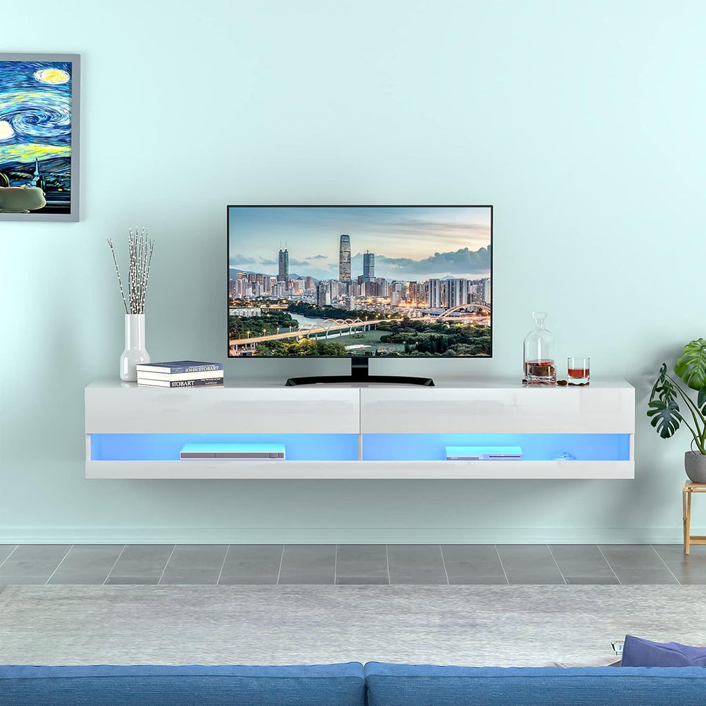 71 Inch High Glossy Wall Mounted Floating TV Stand with RGB LED Light L66280