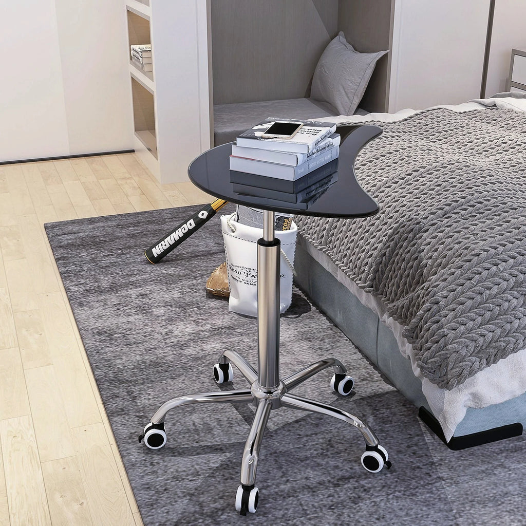 Adjustable Height Black Tempered Glass Table Desk with Lockable Wheels V466
