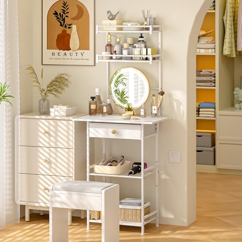 White Compact Vanity Desk with Fabric Drawers J790446