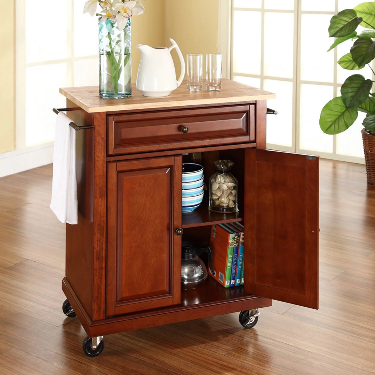 Natural Wood Top Portable Kitchen Cart J78513
