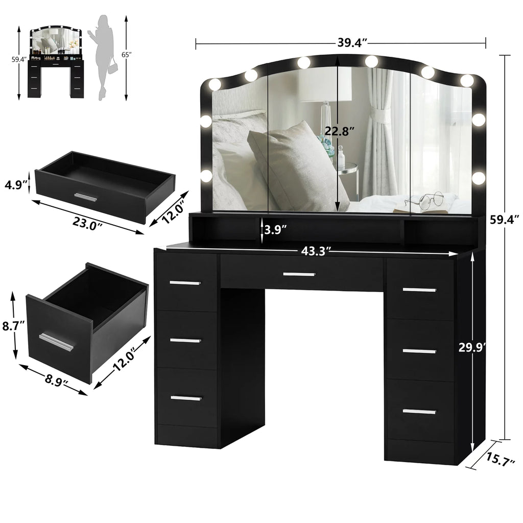 Black Vanity Desk with Lighted Mirror and 7 Drawers M63368