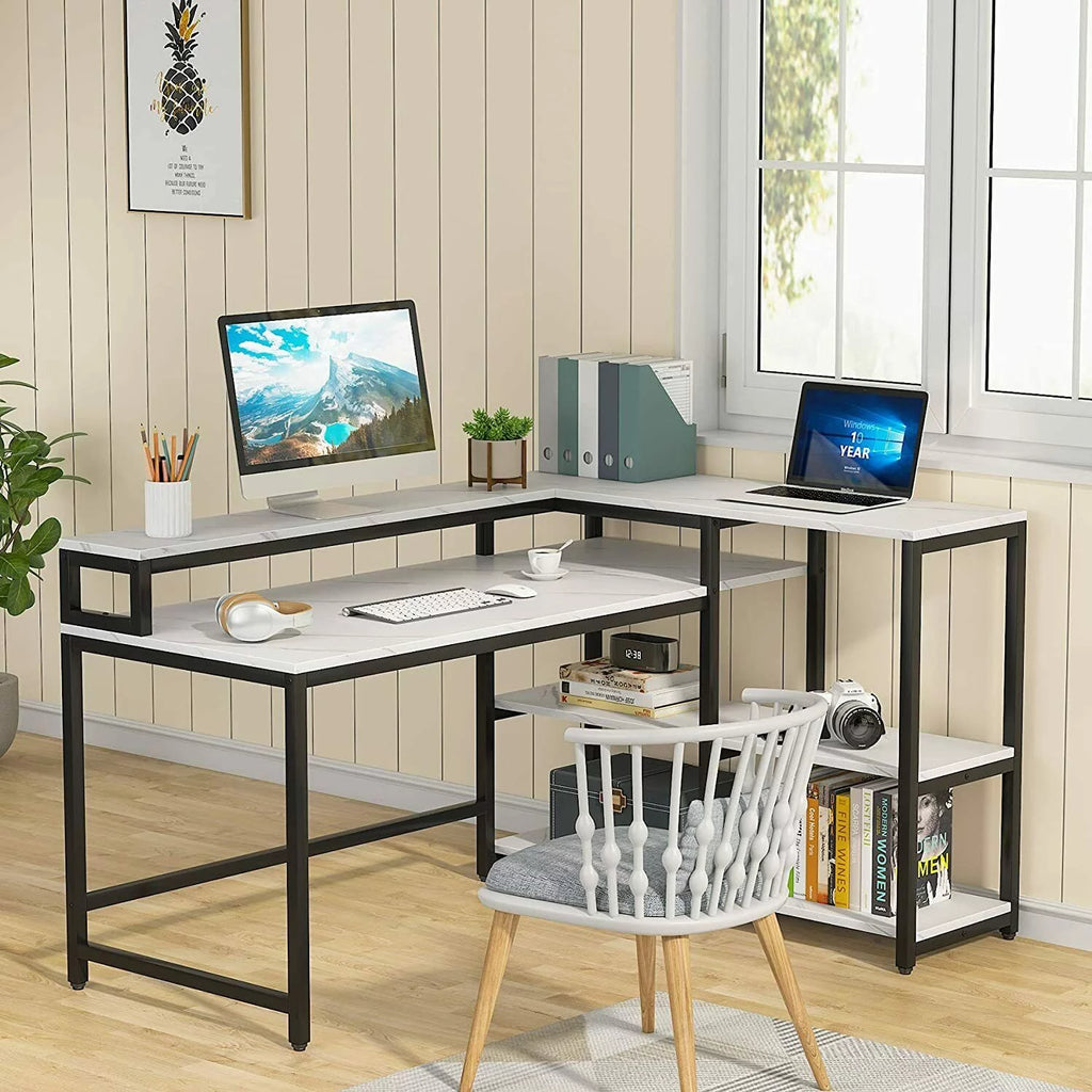 Reversible L Shaped Desk with Hutch and Open Shelves V584177