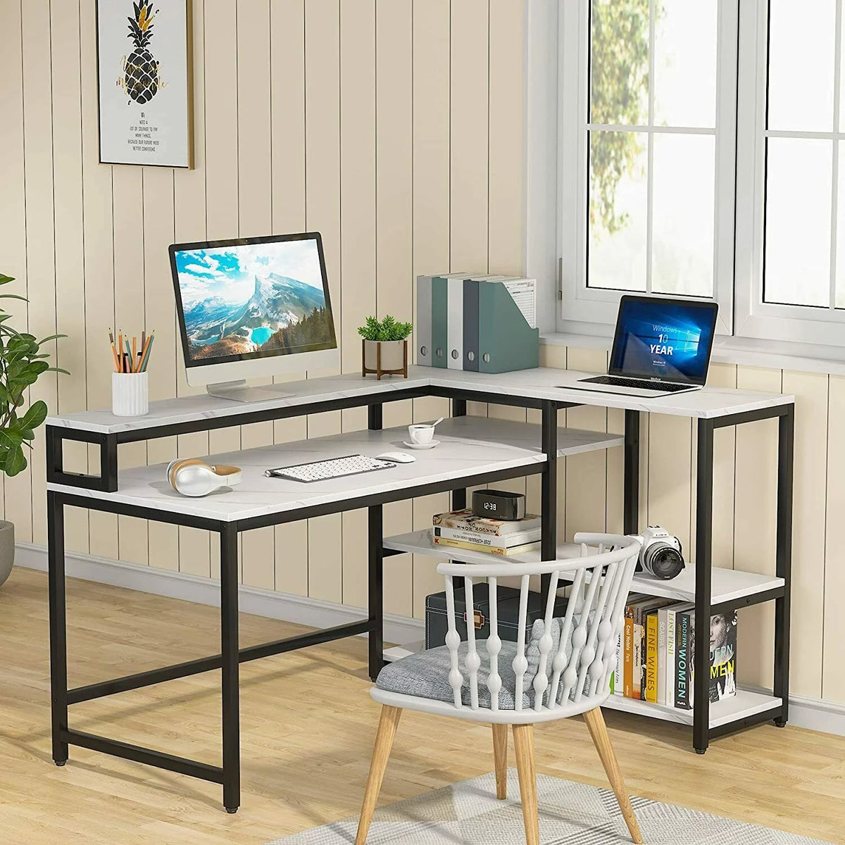 Reversible L Shaped Desk with Hutch and Open Shelves V584177