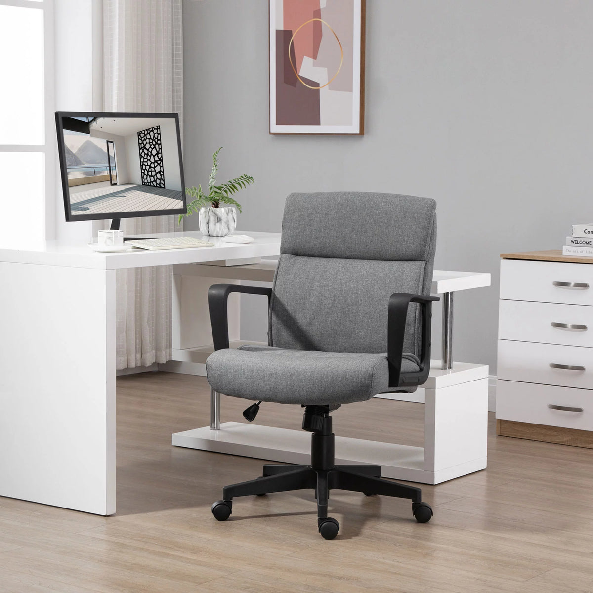 Height Adjustable Linen Fabric Desk Task Chair with 360° Swivel Wheels G480010