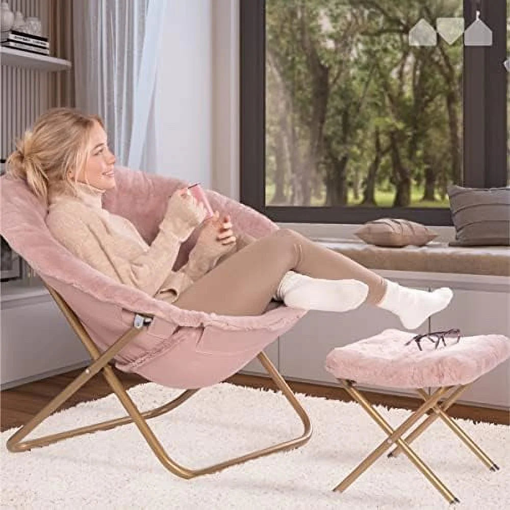 Pink Faux Fur Saucer Chair with Ottoman Y555