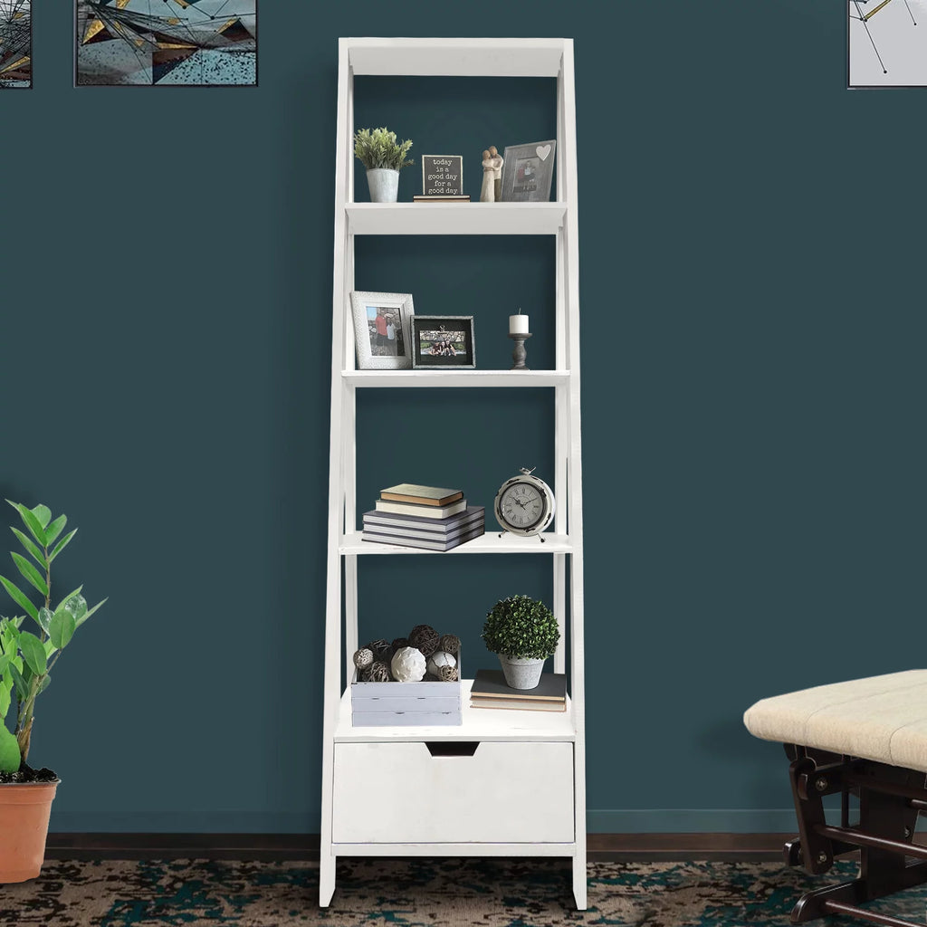 4 Shelf Wooden Ladder Bookcase with Drawer L16100