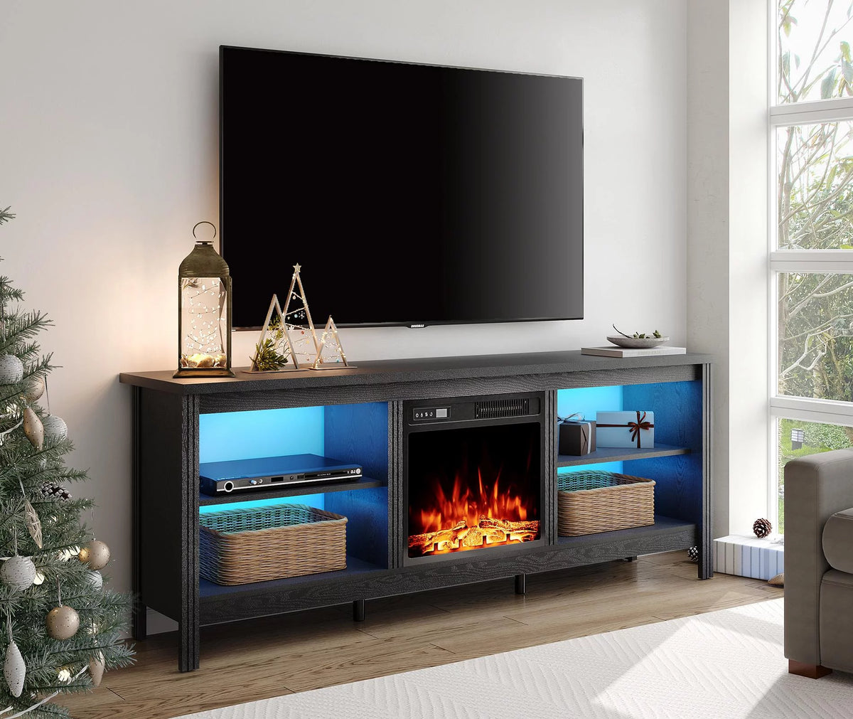 Black 70 inch Fireplace TV Stand with LED Lights N119