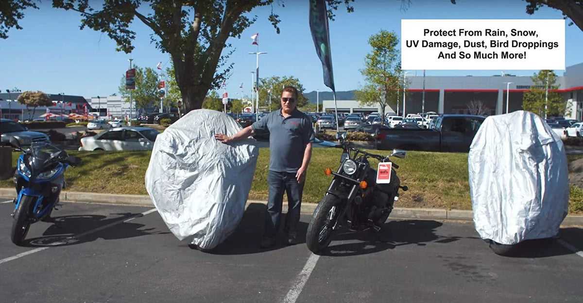 Weatherproof Motorcycle Cover with Securing Straps and Storage Bag O189515