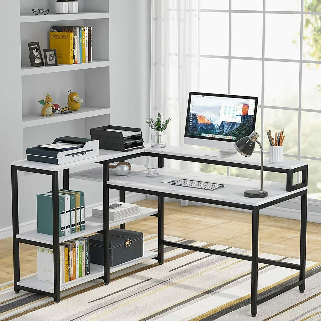 Reversible L Shaped Desk with Hutch and Open Shelves V584177