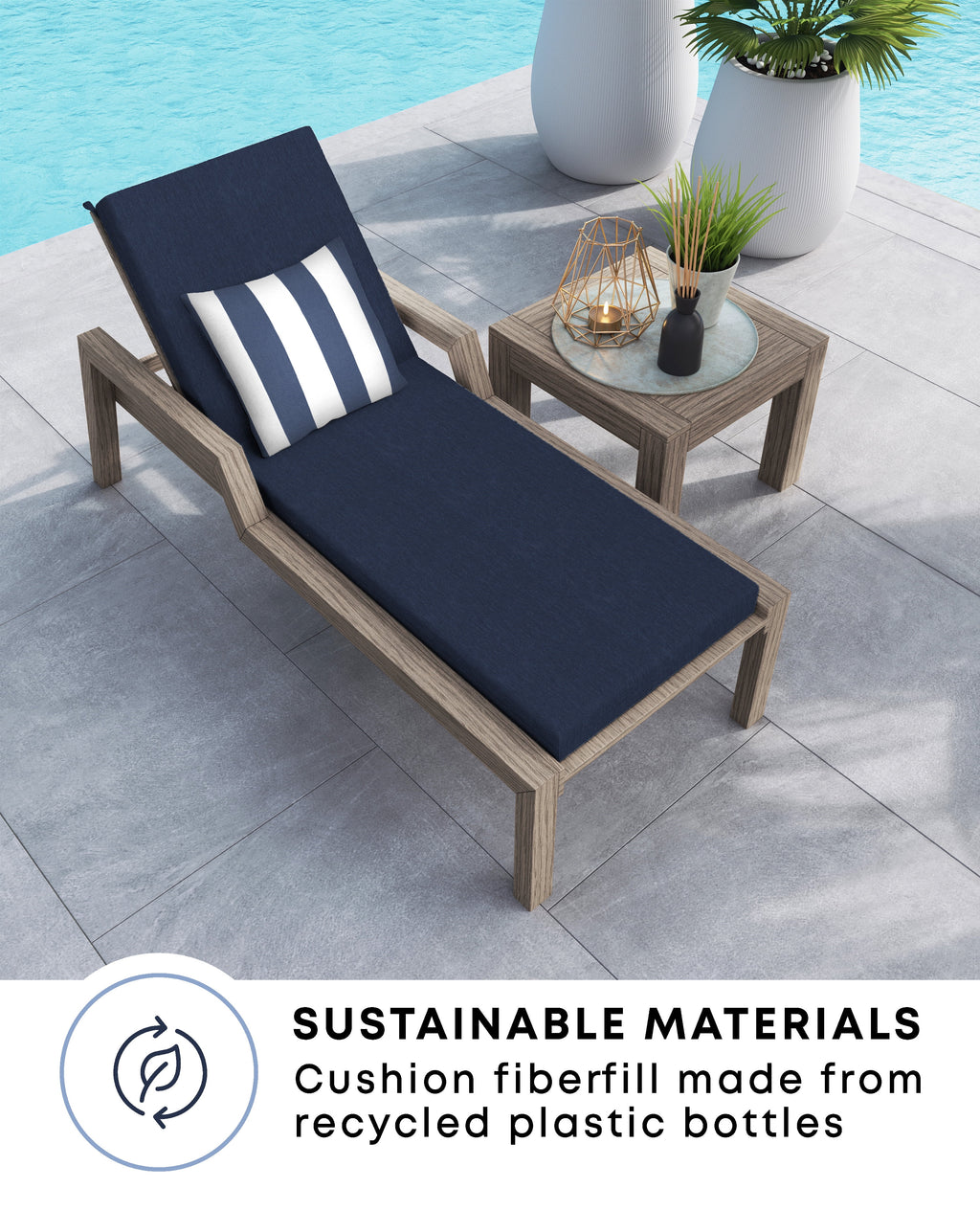 Solid Blue Polyester Outdoor Chaise Lounge Cushion L1634