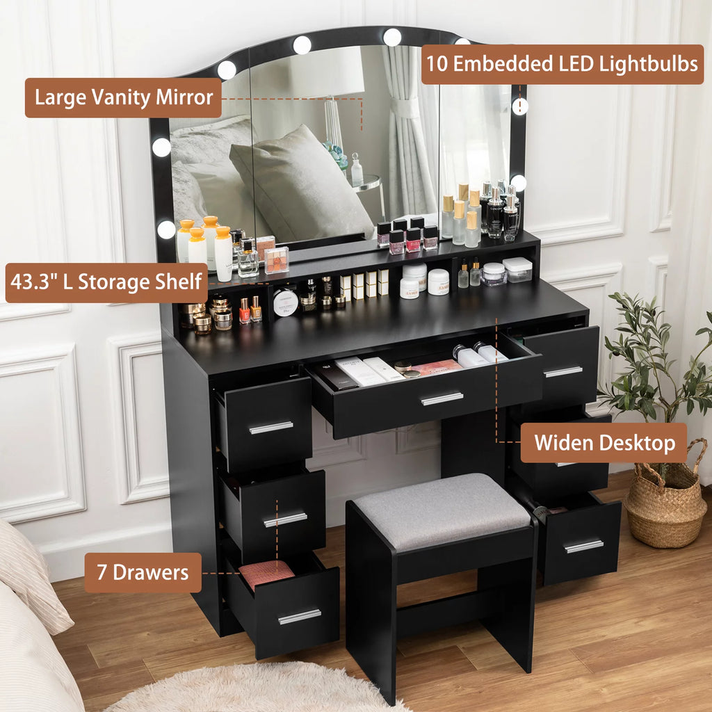 Black Vanity Desk with Lighted Mirror and 7 Drawers M63368