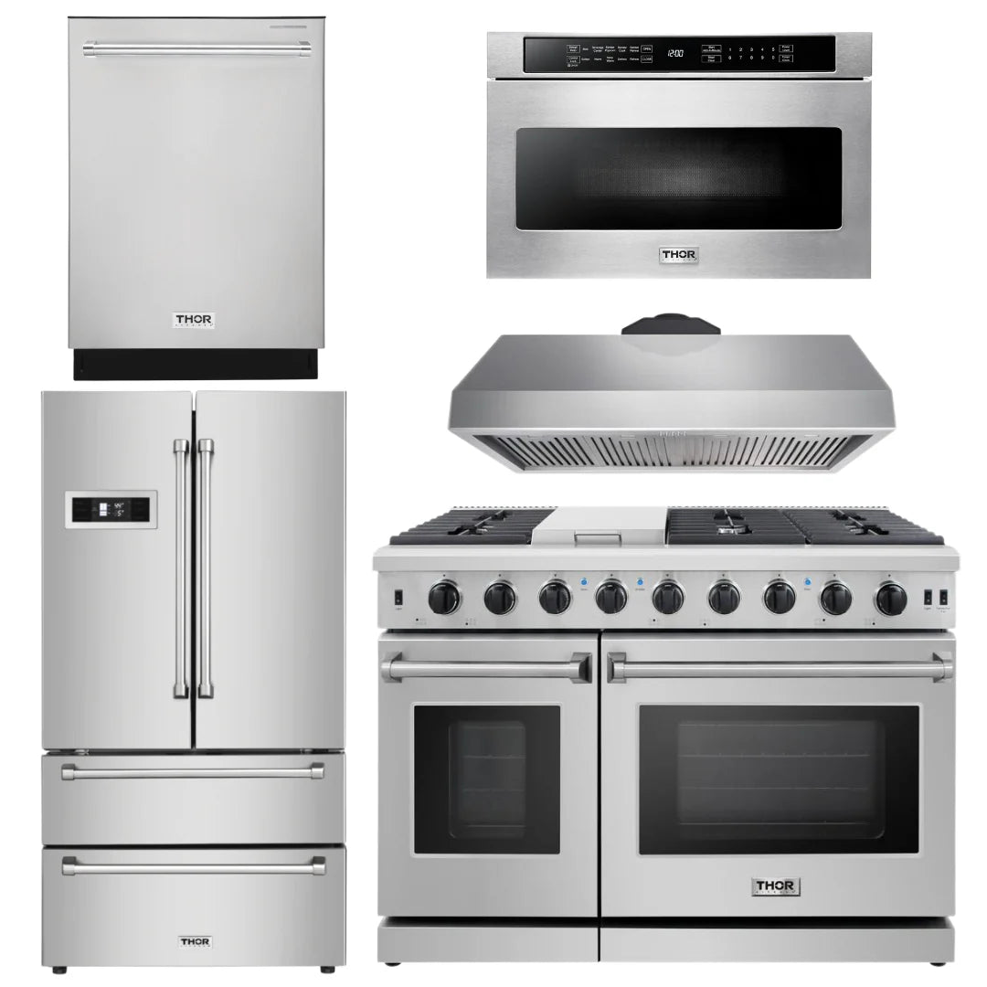 48 in. Gas Range, Range Hood, Dishwasher, Refrigerator, Microwave Drawer N806422