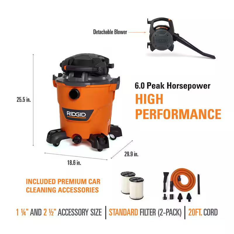 12 Gallon 6.0 Peak HP Wet/Dry Shop Vacuum with Detachable Blower M8882
