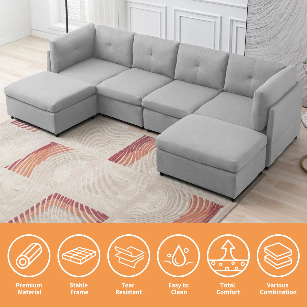 118" Convertible Linen Sectional Sofa with Ottomans L437