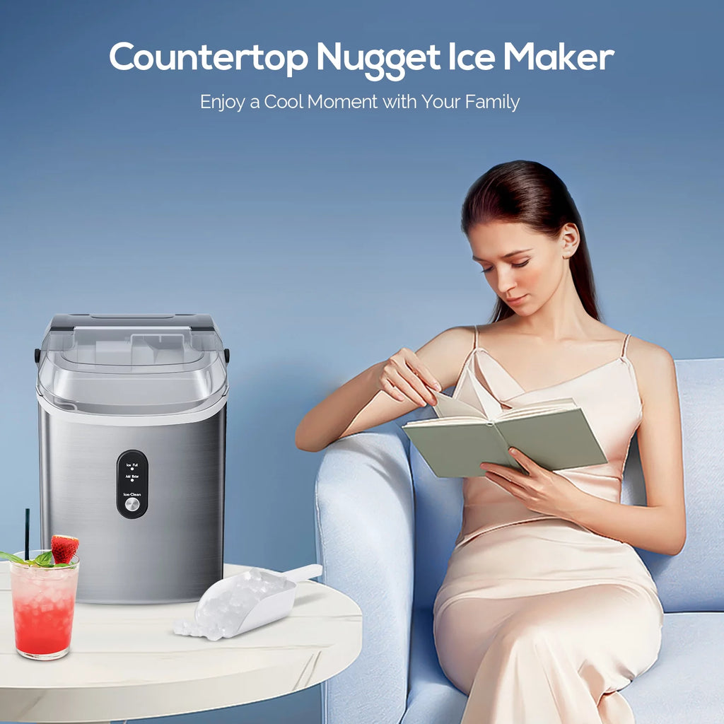 Portable Nugget Ice Maker Countertop Self-Cleaning Stainless Steel Black E15053