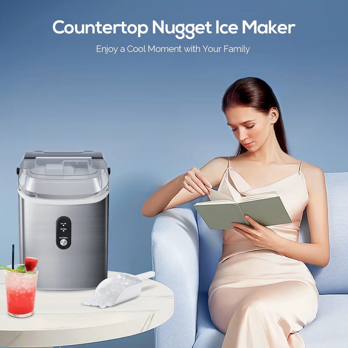 Portable Nugget Ice Maker Countertop Self-Cleaning Stainless Steel Black E15053