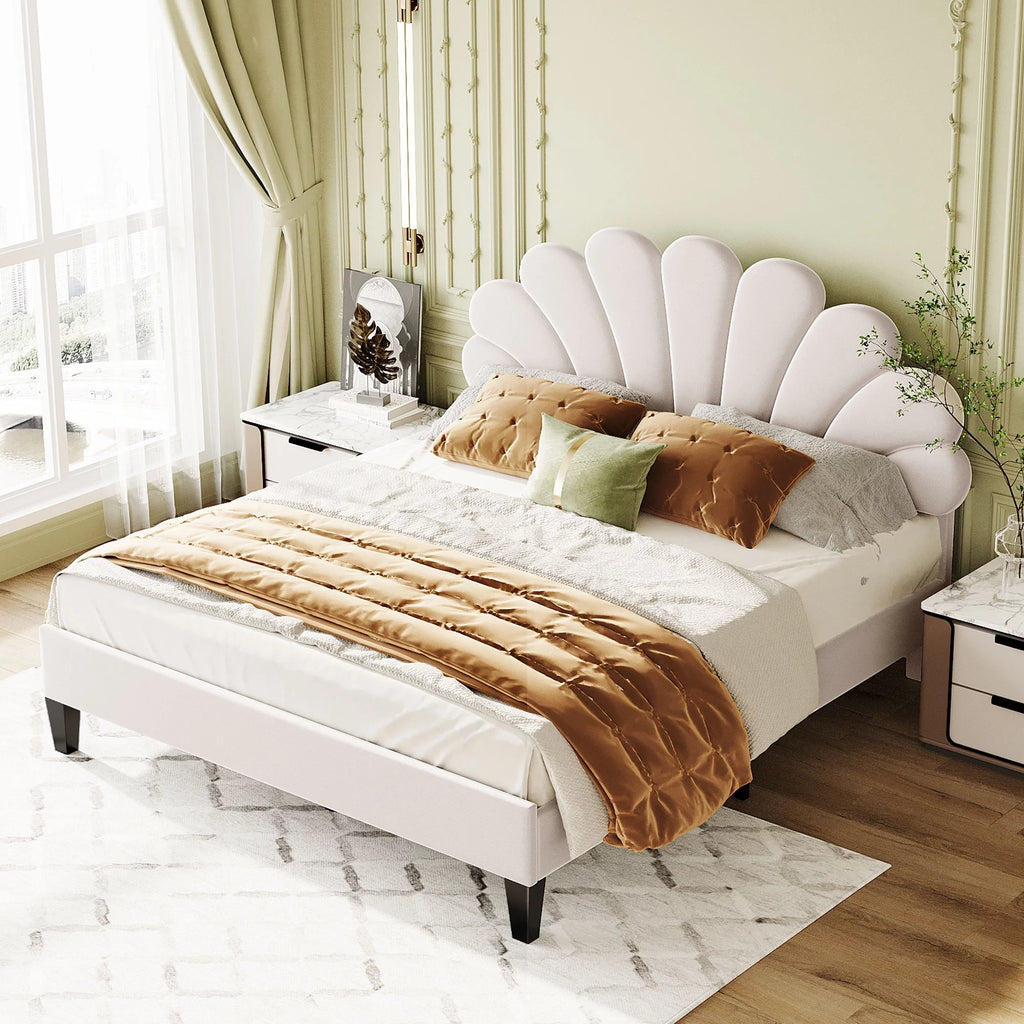 Queen Size Beige Velvet Upholstered Platform Bed with Flower Pattern Headboard A43402