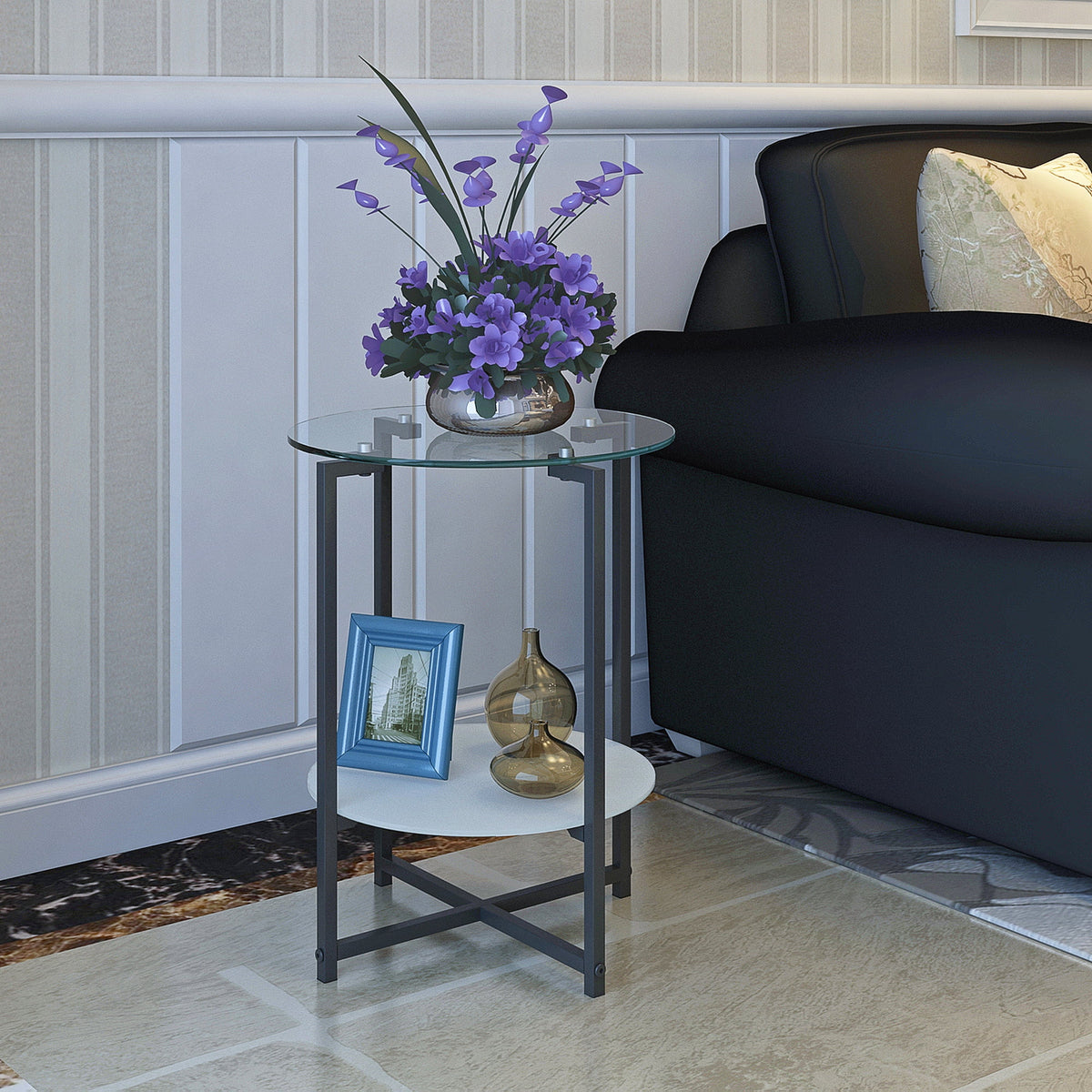 2-Layer Tempered Glass Round End Table C366358
