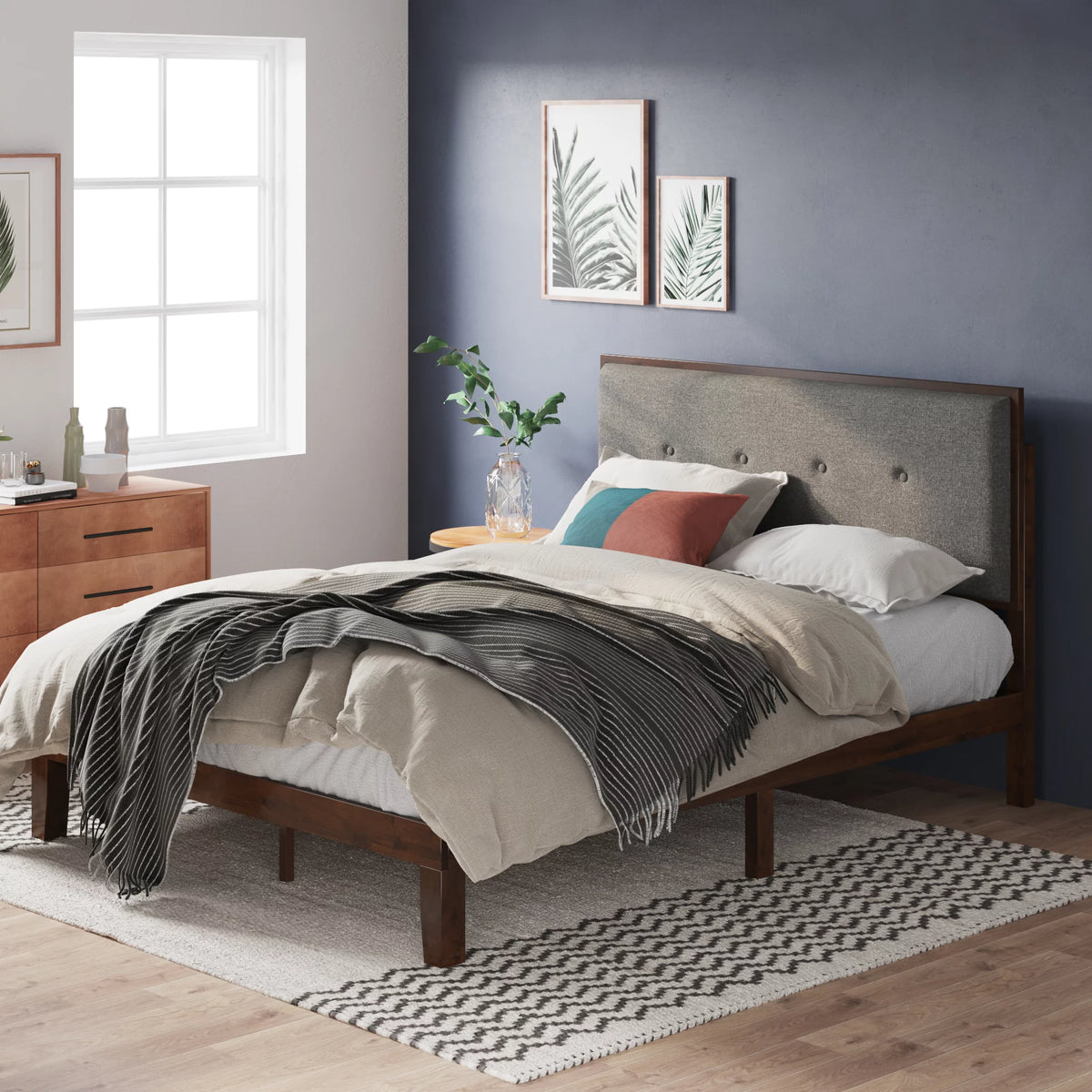 King Wood Platform Bed Frame with Adjustable Upholstered Headboard E948051