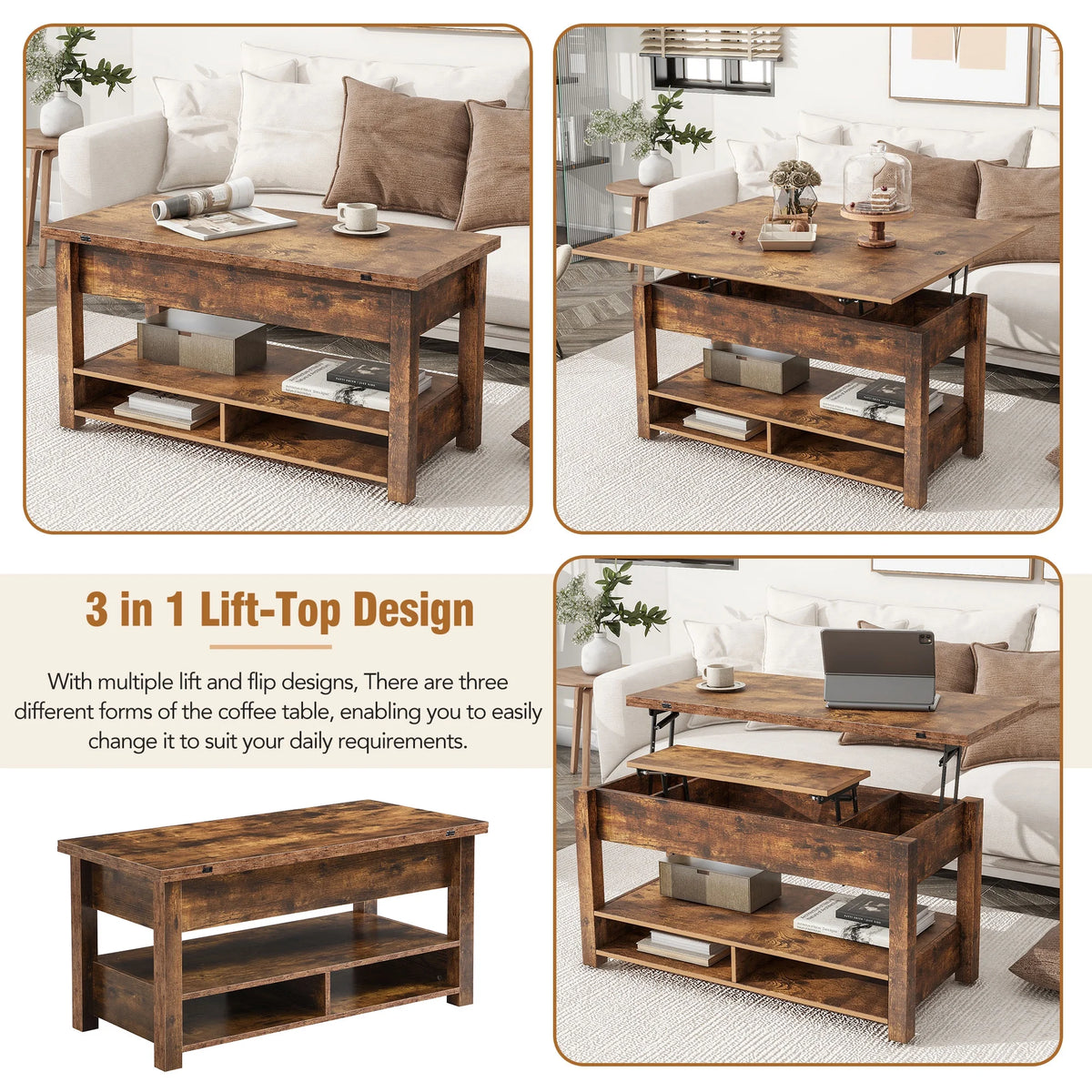 Lift Top Coffee Table with 3 Shelves Z883