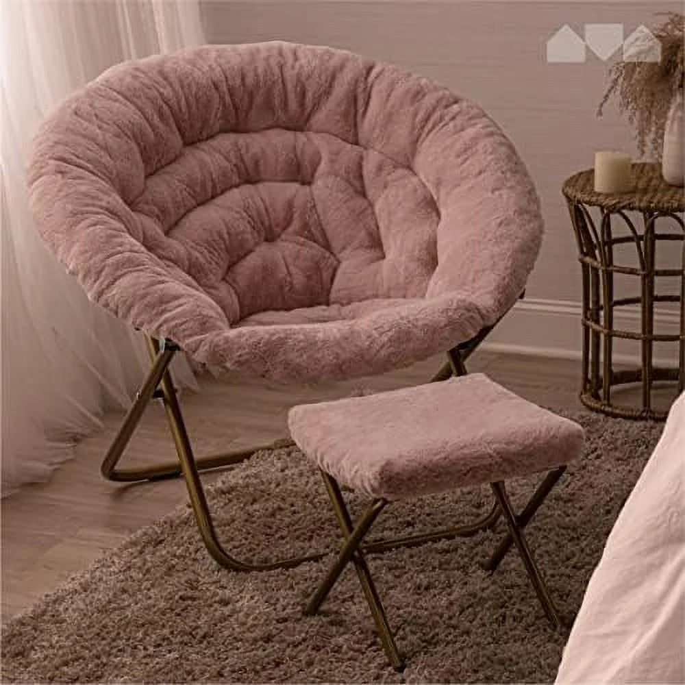 Pink Faux Fur Saucer Chair with Ottoman Y555