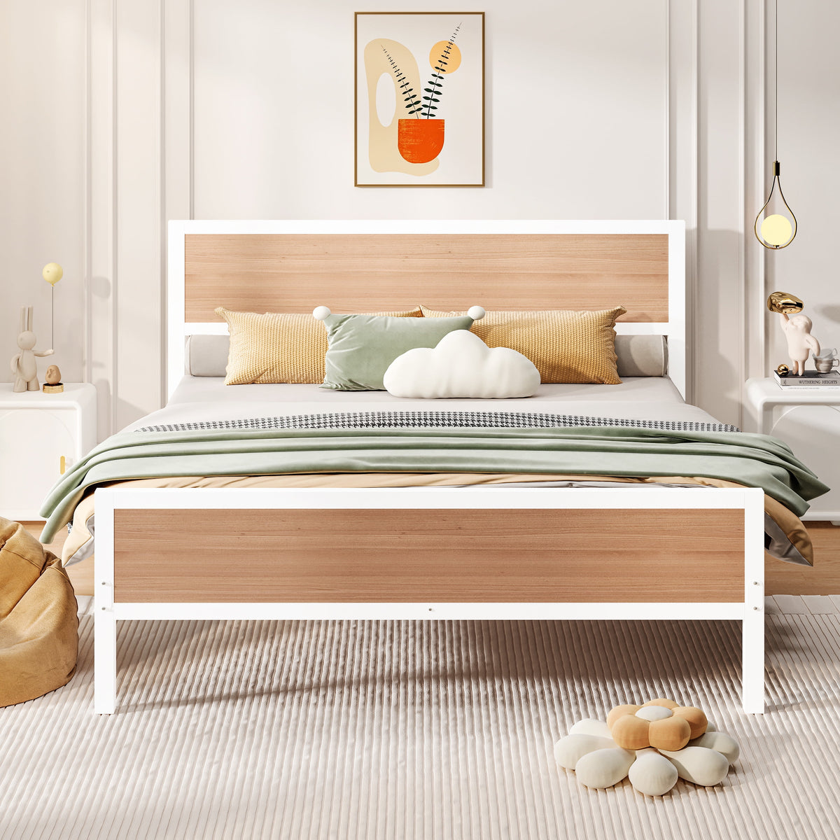 White Full Size Metal Platform Bed Frame with Headboard and Footboard X146