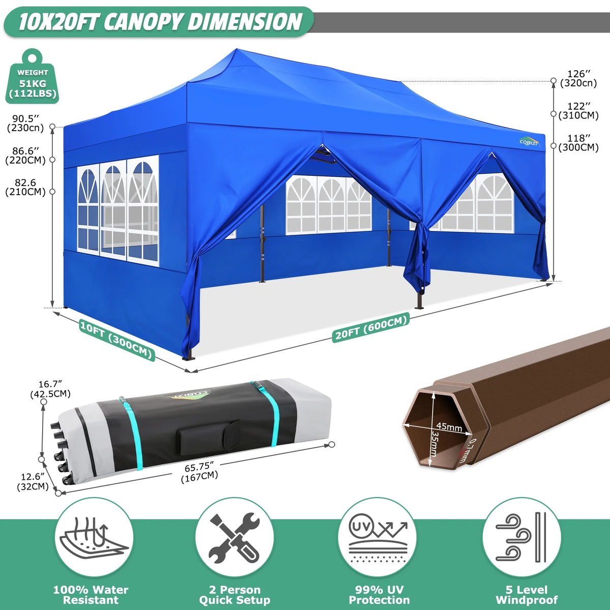 10x20 Pop up Canopy Tent with 6 Removable Sidewalls Blue T60410