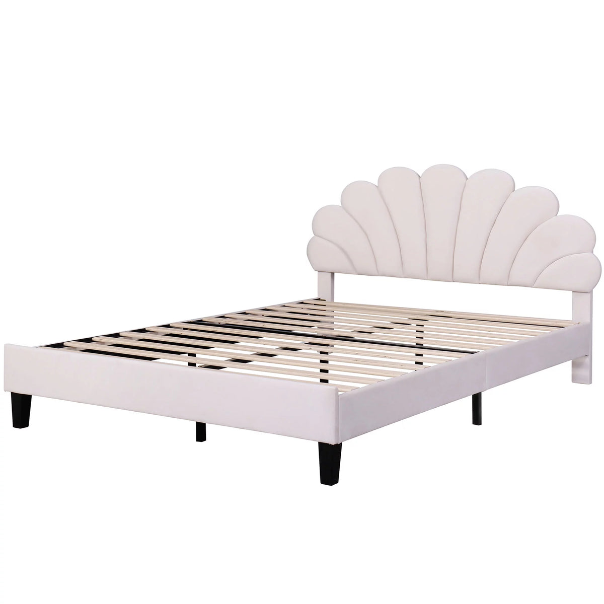 Queen Size Beige Velvet Upholstered Platform Bed with Flower Pattern Headboard A43402