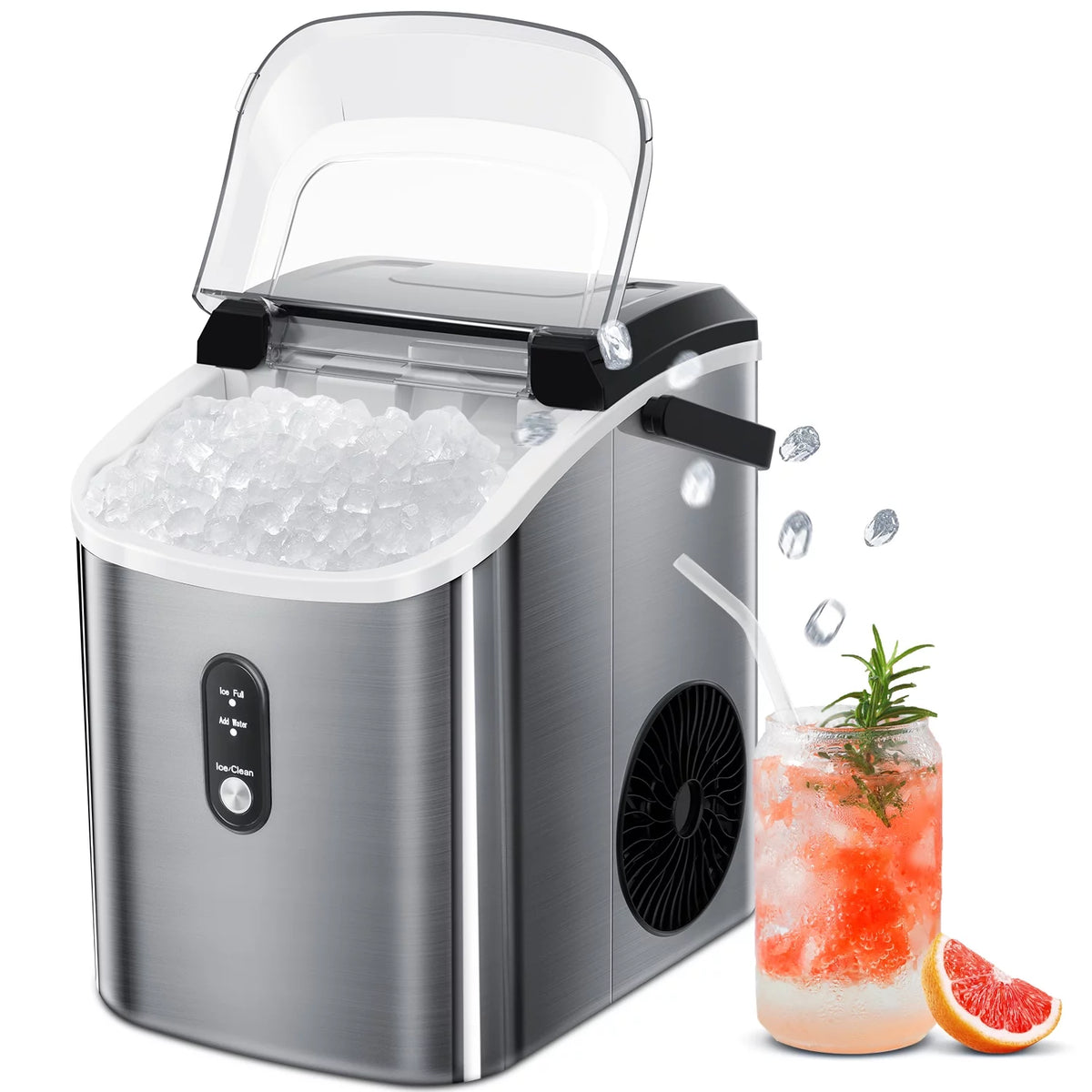 Portable Nugget Ice Maker Countertop Self-Cleaning Stainless Steel Black E15053