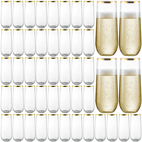 48 Pack 9 Oz Plastic Stemless Champagne Flutes with Gold Rim X6662