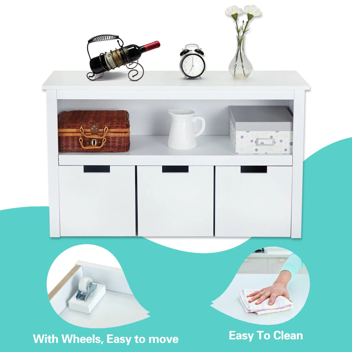 White Storage Cabinet with 3 Rolling Box Cubes and Large Shelf M482709