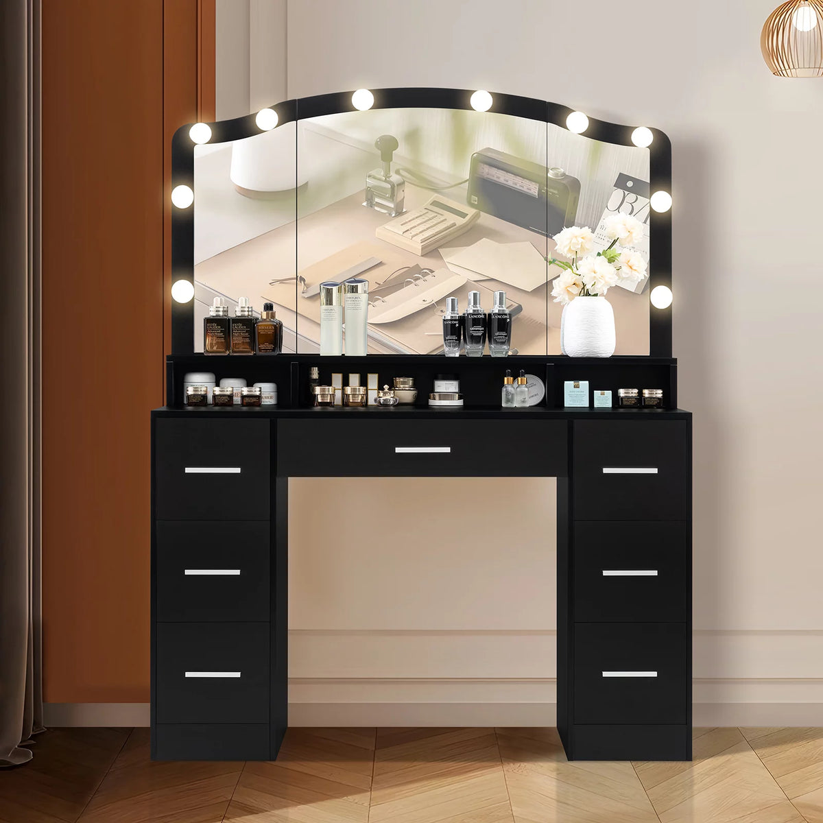 Black Vanity Desk with Lighted Mirror and 7 Drawers M63368