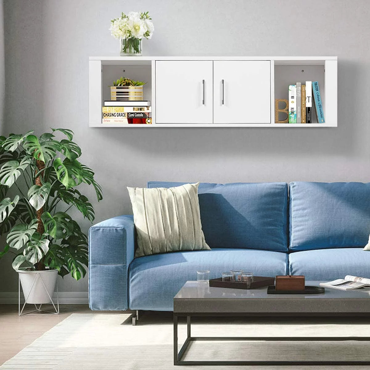 Wall Mounted Storage Cabinet 2 Cube Floating Desk with 2 Doors and 2 Open Shelves White F709629