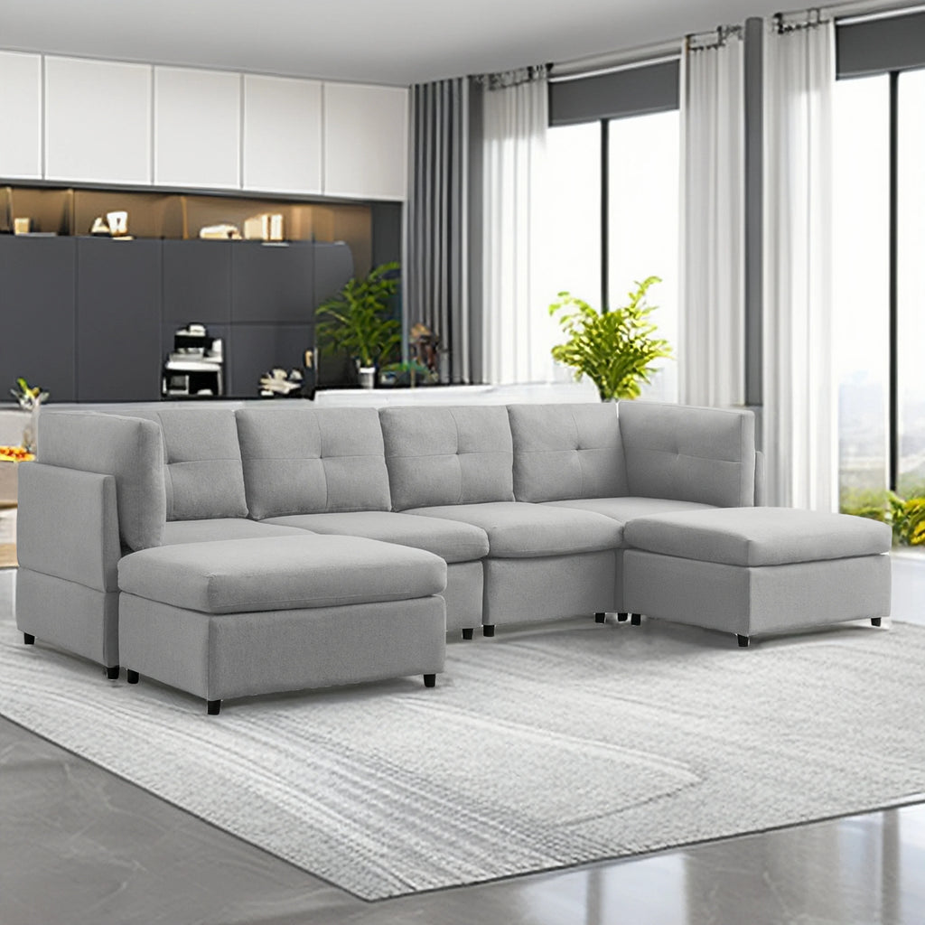 118" Convertible Linen Sectional Sofa with Ottomans L437