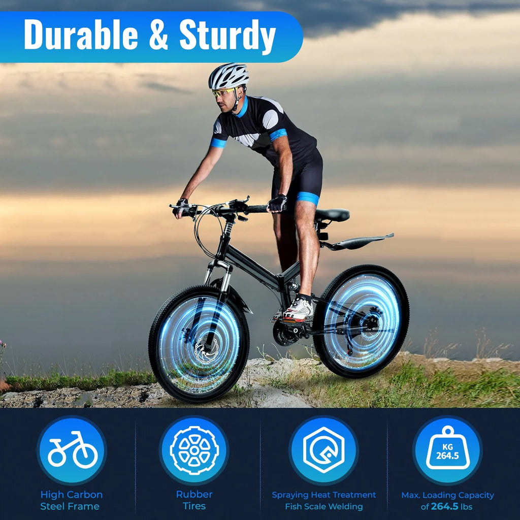 26 Inch 21 Speed Folding Mountain Bike Full Suspension Dual Disc Brakes Black I9483