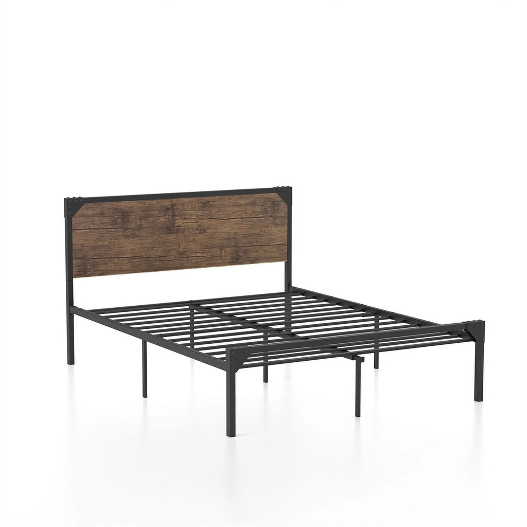 Brown Metal Queen Platform Bed with Memory Foam Mattress Q5765