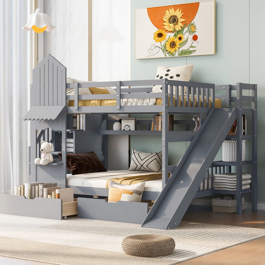 Gray Full-Over-Full Bunk Bed with 2 Drawers 3 Shelves and Slide M9404