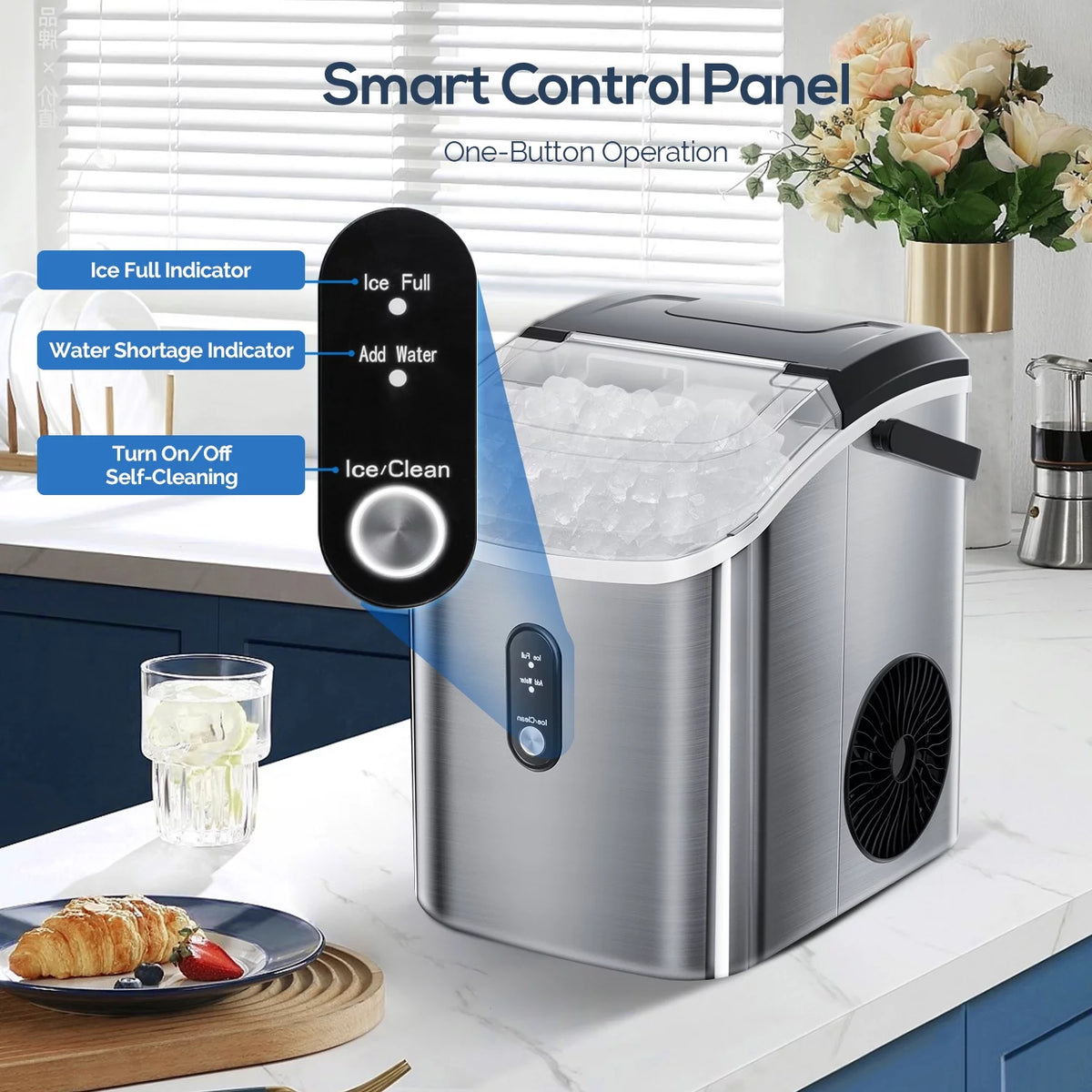 Portable Nugget Ice Maker Countertop Self-Cleaning Stainless Steel Black E15053