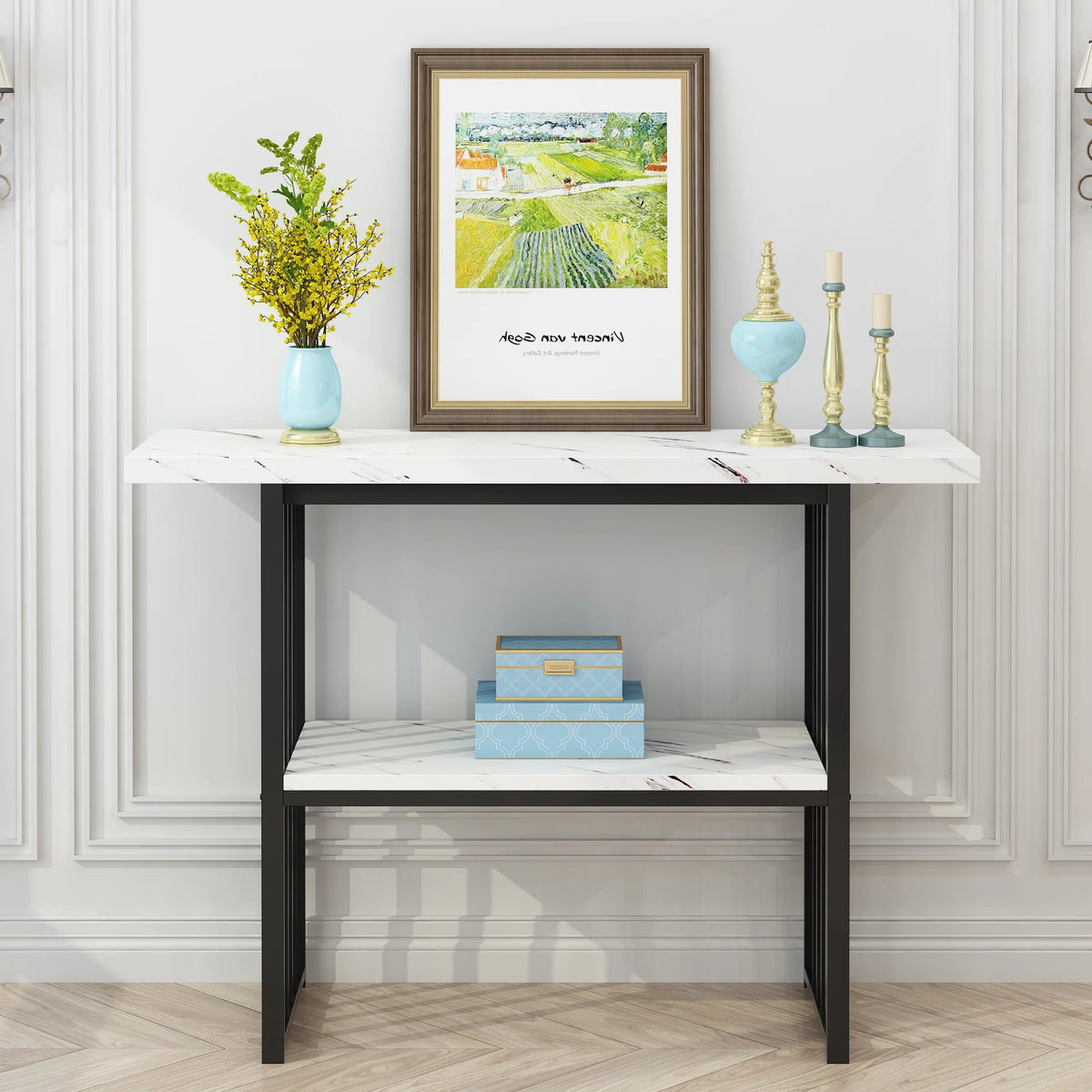 Black & White 42-Inch Console Table with Metal Legs I8388