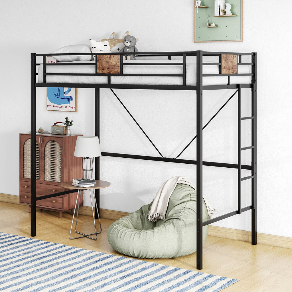 Black Metal Twin Loft Bed Frame with Stairs & Guardrail C300913