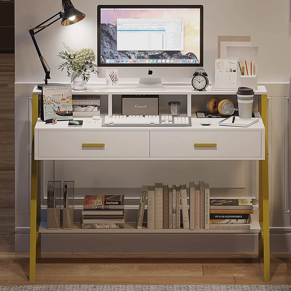 White and Gold Computer Desk with Drawers M463