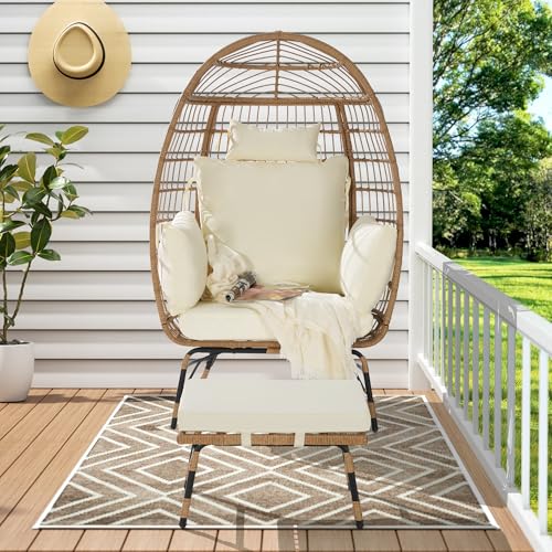 Oversized Wicker Rattan Egg Chair with Ottoman and Cushions Q948357