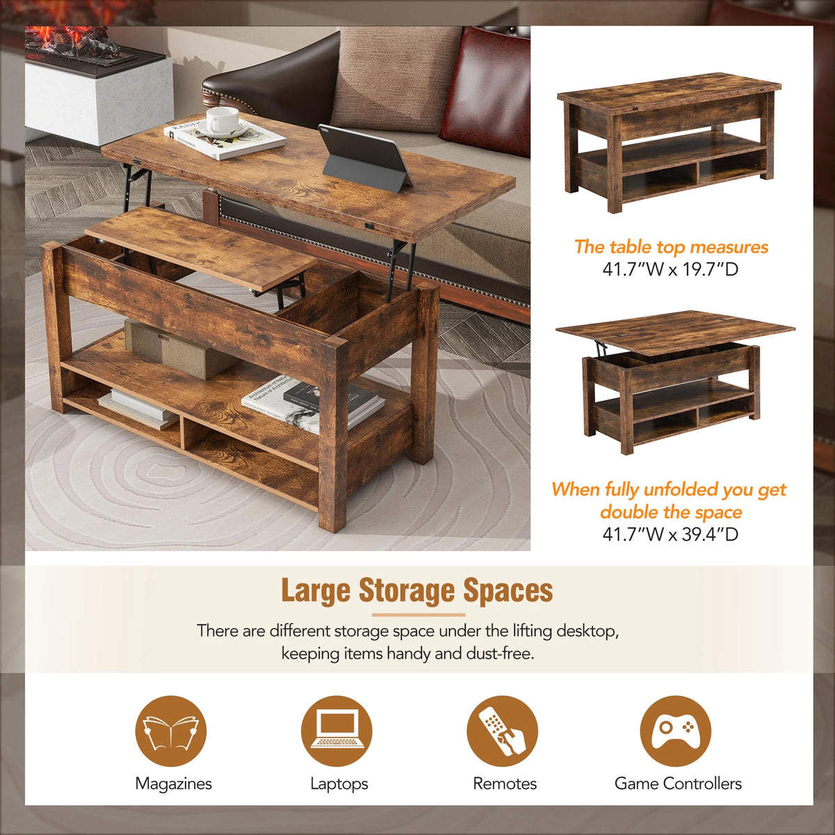 Lift Top Coffee Table with 3 Shelves Z883