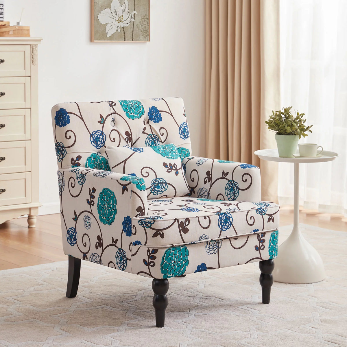 Beige Linen Upholstered Accent Chair with Ottoman G73376