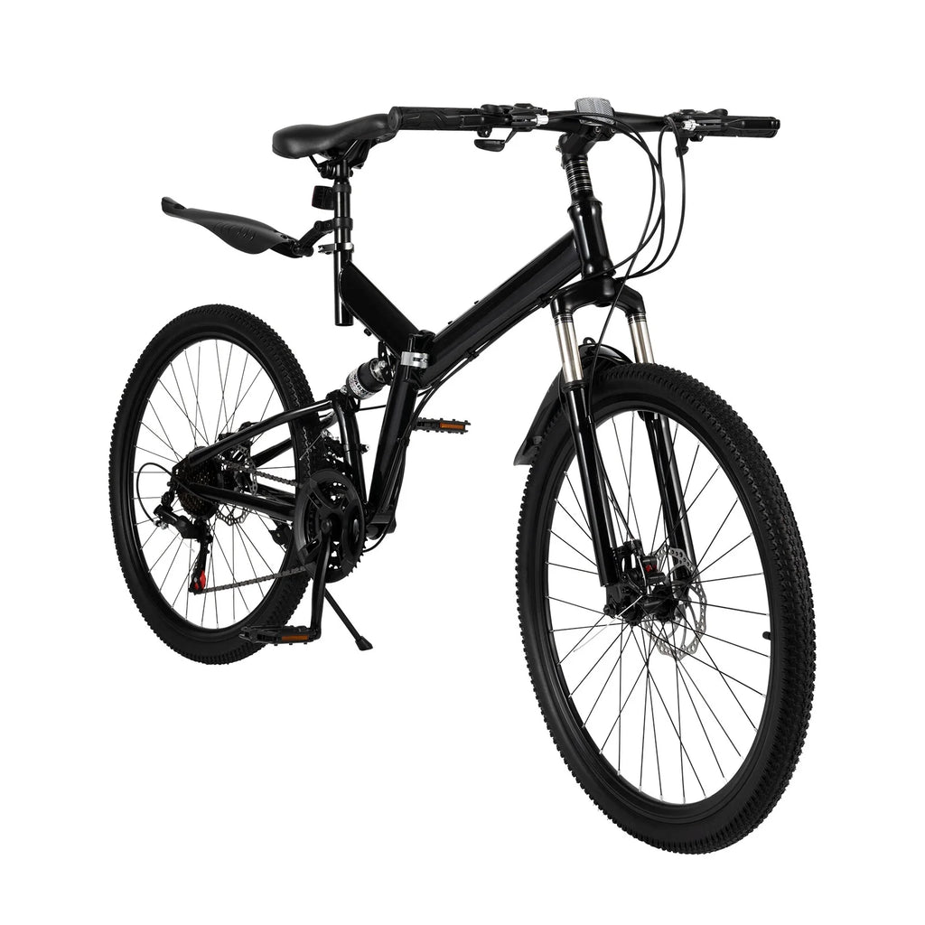26 Inch 21 Speed Folding Mountain Bike Full Suspension Dual Disc Brakes Black I9483