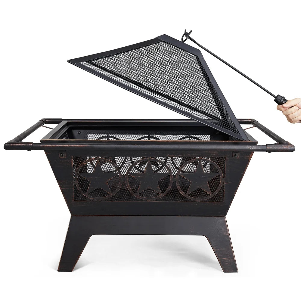 Iron Fire Pit with Mesh Cover Grills Poker N70618