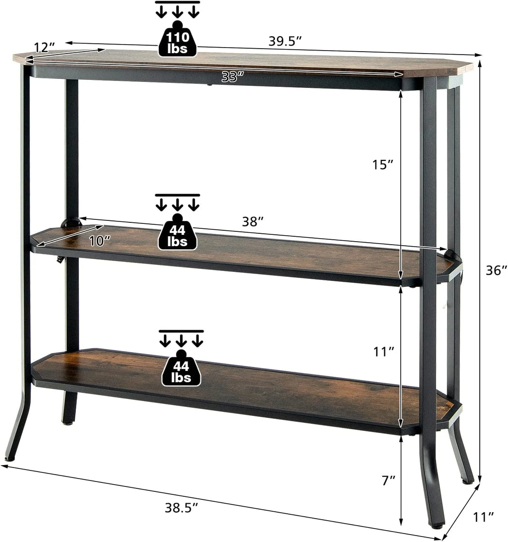 Industrial 3-Tier Narrow Console Table with Open Shelves T877567