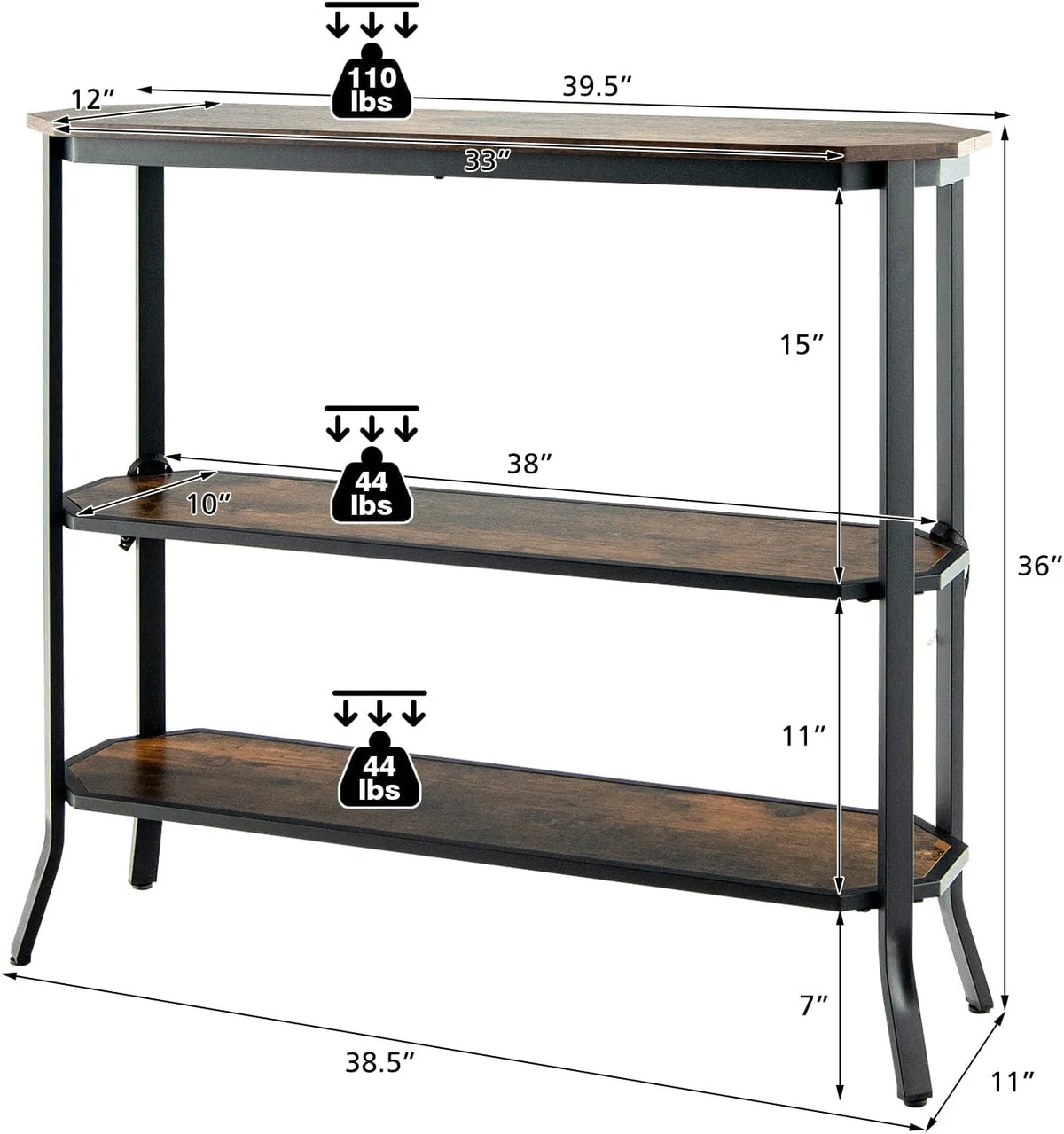 Industrial 3-Tier Narrow Console Table with Open Shelves T877567