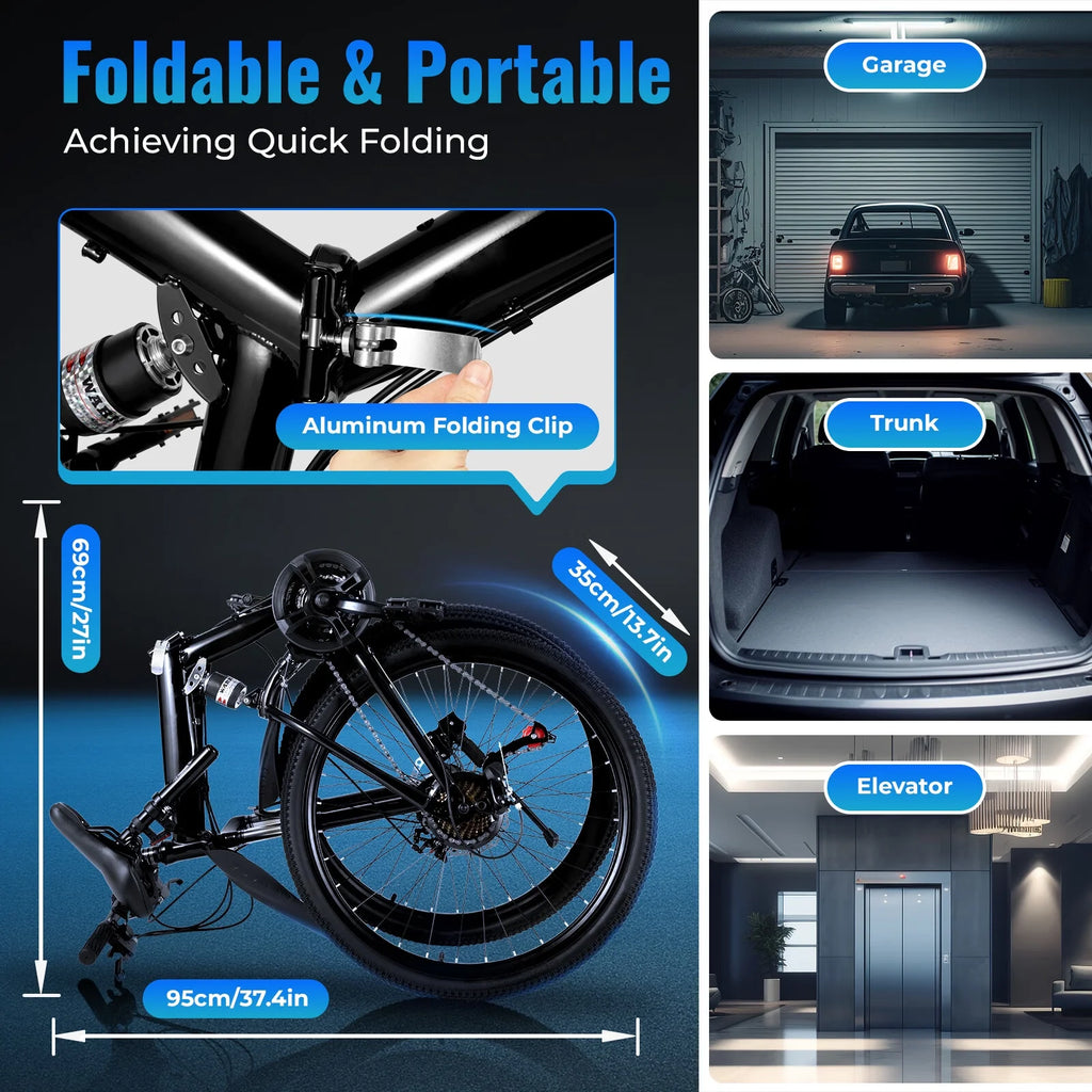 26 Inch 21 Speed Folding Mountain Bike Full Suspension Dual Disc Brakes Black I9483